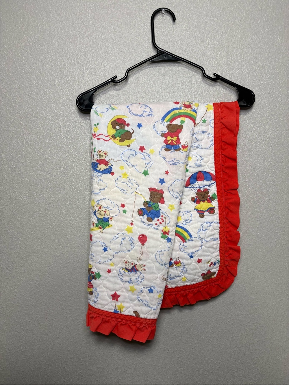 Vintage 80s That’s Our Baby Quilted Crib Blanket Teddy Bear Hot Air Balloon EUC
